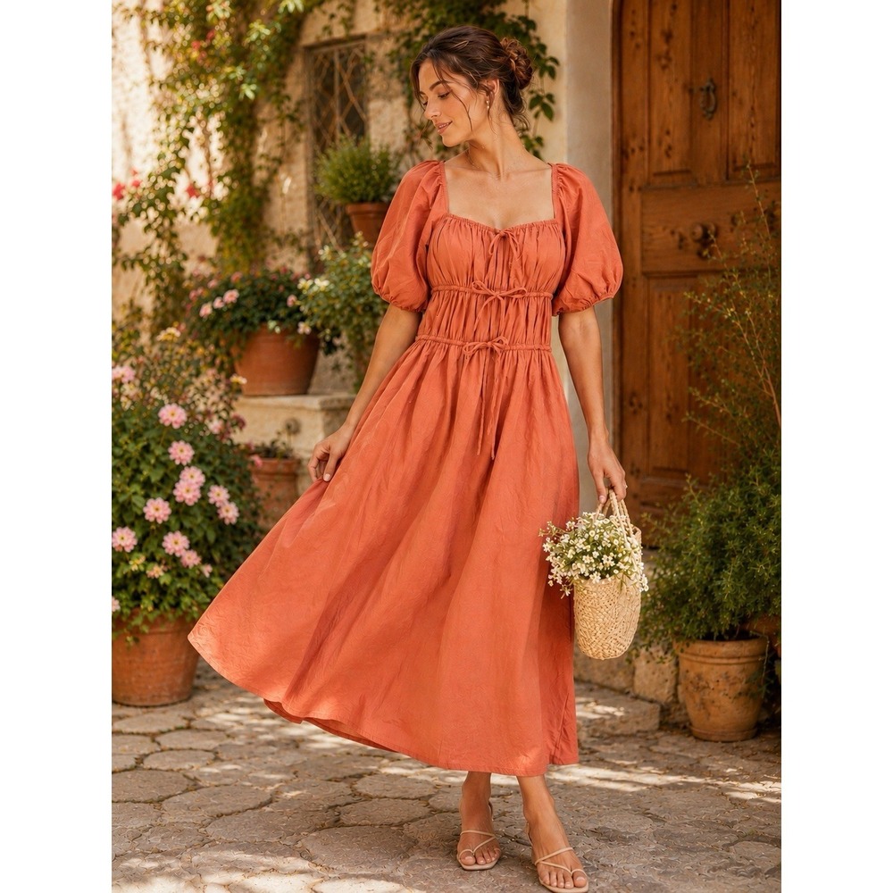 NWT INA‎ i:na Dress M Midi Terracotta Puff Sleeve Milkmaid Cottagecore Prairie